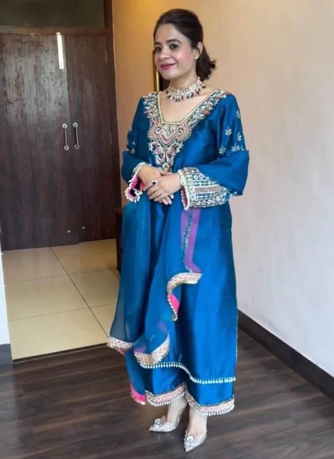 Vichitra Silk Blue Festival Wear Embroidery Work Readymade Straight Suit